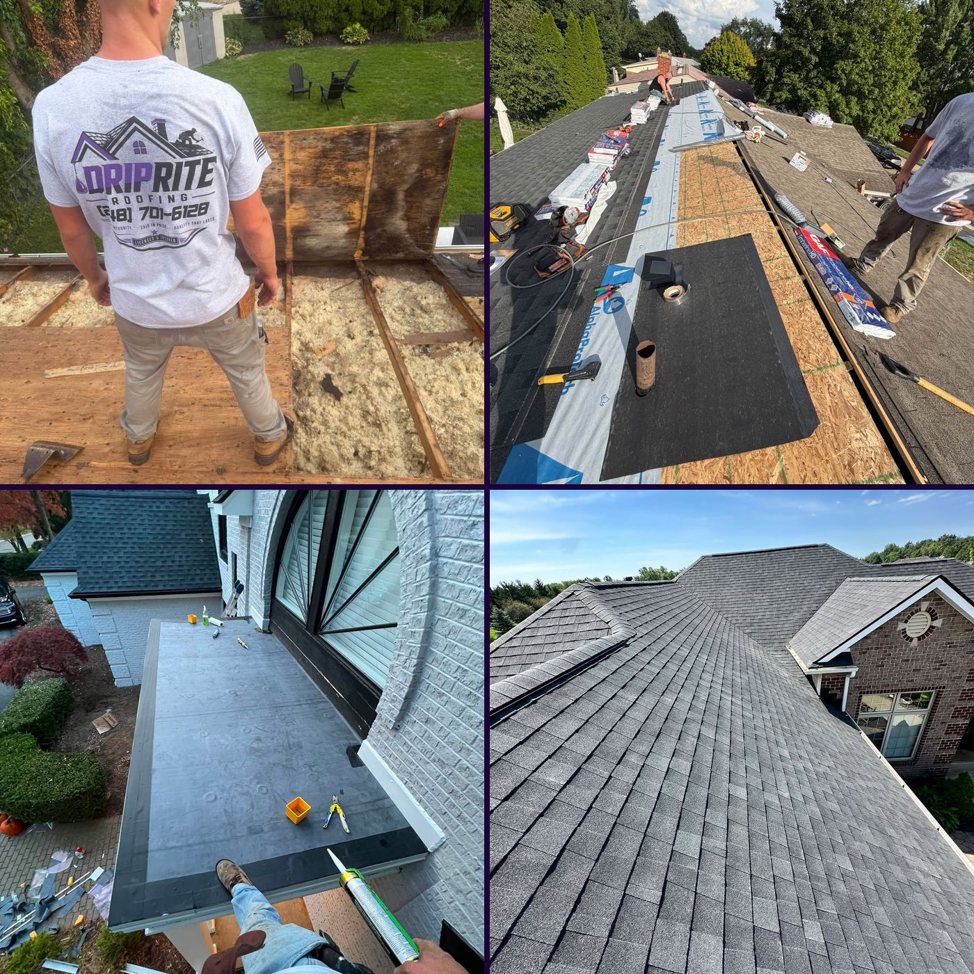 Four DripRite Roofing jobs: a crew member in a DripRite T-shirt over an open attic, underlayment and ice and water shield going on, a flat roof membrane install, and a finished shingle roof on a brick home